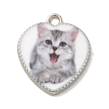 Alloy Pendant, Heart with Cat, Platinum, Snow, 21x18x2.5mm, Hole: 2mm