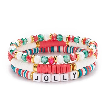 3Pcs 3 Style Polymer Clay Heishi Surfer Stretch Bracelets Set with Word Jolly Acrylic Beads, Stackable Bracelets with Glass for Women, Mixed Color, Inner Diameter: 2-1/8 inch(5.5cm), 1Pc/style