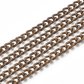 Iron Cuban Link Chains, Chunky Curb Chains, with Spool, Unwelded, Textured, Red Copper, 6x4x1mm