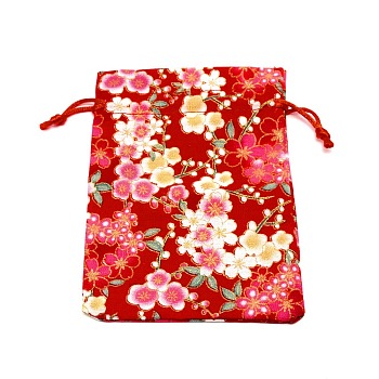 Cotton and Linen Cloth Packing Pouches, Drawstring Bag, Rectangle with Sakura Pattern, FireBrick, 14x10x0.3cm