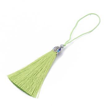 Nylon Tassel Big Pendant Decorations, with Enamel and Alloy Findings, Platinum, Green Yellow, 80~84x10.5~11mm