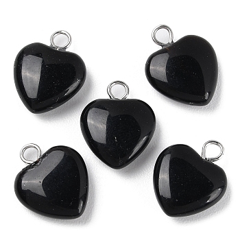 Natural Obsidian Pendants, Heart Charms with Platinum Plated Brass Loops, 14.8~15x12x4.1~4.6mm, Hole: 2mm