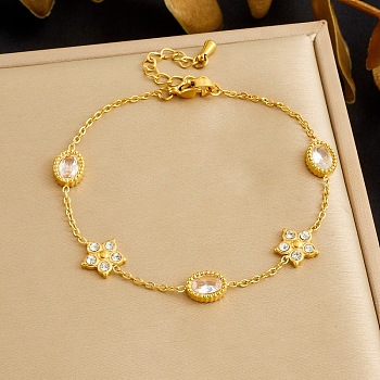 304 Stainless Steel Pave Clear Cubic Zirconia Link Bracelets, Cable Chain Bracelets for Women, Golden, Flower & Oval, 6.30 inch(16cm)