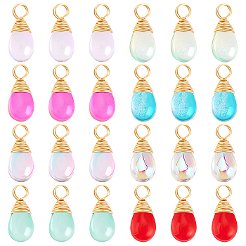 64Pcs 8 Color Copper Wired Glass Pendants, Teardrop Charms, Mixed Color, 13x6x5mm, Hole: 2.6mm, 8pcs/colors