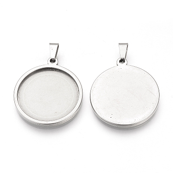 201 Stainless Steel Pendant Cabochon Settings, Flat Round, Stainless Steel Color, Tray: 24.5mm, 32x28x4.5mm, Hole: 7.5x3.5mm