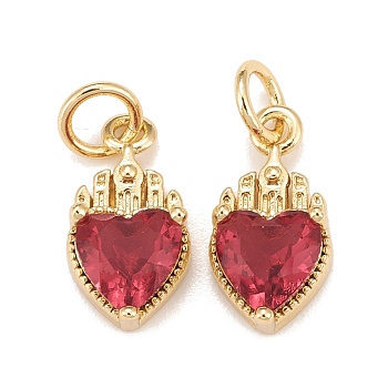 Brass Inlaid Clear Cubic Zirconia Charms, Real 18K Gold Plated, Lead Free & Cadmium Free, Heart, Crimson, 14x7x4mm, Hole: 3mm