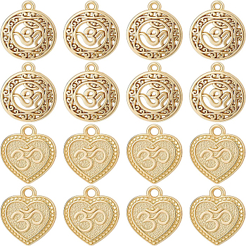 Alloy Pendants, Matte Style, Heart with Om Symbol & Flat Round with Om Symbol, Cadmium Free & Nickel Free & Lead Free, Real 18K Gold Plated, 22x19x2.5mm, Hole: 2.5mm