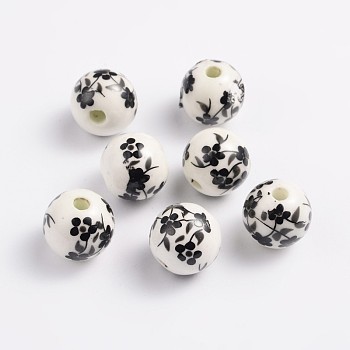 12mm Round Black Handmade Printed Porcelain Beads, Hole: 2mm