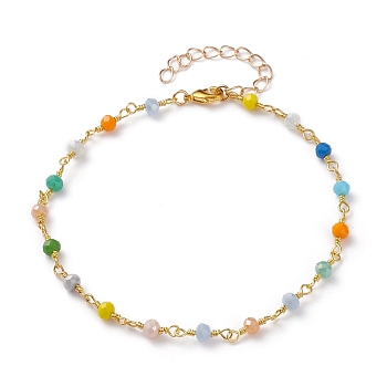 Glass Beads Anklets, with Brass Lobster Claw Clasps, Rondelle, Colorful, Golden, 9-1/8 inch(23cm)