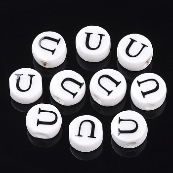 Handmade Porcelain Beads, Horizontal Hole, Flat Round with Letter, White, Letter.U, 8~8.5x4.5mm, Hole: 2mm