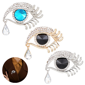 AHADEMAKER 3Pcs 3 Colors Crystal Rhinestone Eye of Ra/Re Safety Pin Brooch with Glass Beads, Alloy Badge for Backpack Clothes, Mixed Color, 34x48x18mm, Pin: 0.8mm, 1pc/color