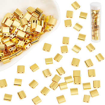 140Pcs Electroplated Glass Seed Beads, 2-Hole, Rectangle, Golden Plated, 5x4.5~5.5x2~2.5mm, Hole: 0.5~0.8mm