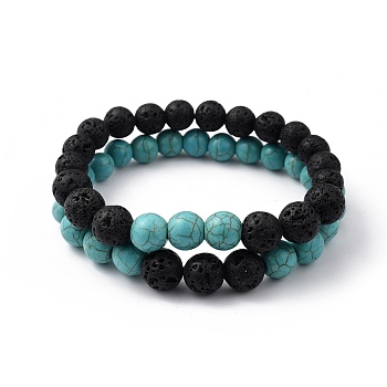 Synthetic Turquoise(Dyed)(Dyed) & Natural Lava Rock Beaded Stretch Bracelets Sets, Round, Inner Diameter: 2 inch(5.2cm), Beads: 8.5mm and 10.5mm, 2pcs/set