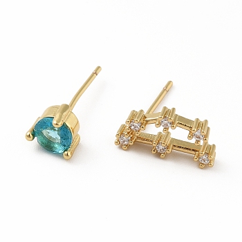 Cubic Zirconia Constellation Asymmetrical Earrings, Real 18K Gold Plated Brass Stud Earrings, Cadmium Free & Lead Free, Capricorn, 13x6mm, 6x6mm, Pin: 0.7mm