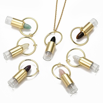 304 Stainless Steel Openable Perfume Bottle Pendant Necklaces, with Natural Gemstone, Lipstick Shape, Golden, 27.55 inch(70cm), Bottle Capacity: 3ml(0.1 fl. oz)