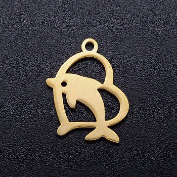 201 Stainless Steel Hollow Pendants, Heart with Dolphin, Golden, 18x14x1mm, Hole: 1.5mm