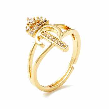 Clear Cubic Zirconia Initial Letter with Crown Adjustable Ring, Real 18K Gold Plated Brass Alphabet Ring for Women, Cadmium Free & Lead Free, Letter.P, US Size 6(16.5mm)
