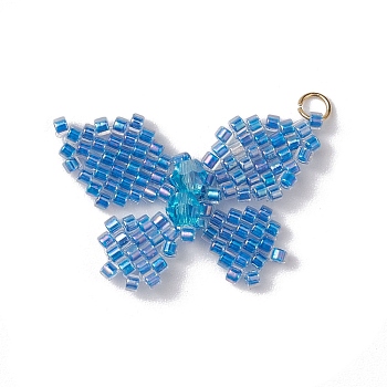 Glass Seed Beaded Pendants, with 304 Stainless Steel Jump Rings, Butterfly, Dodger Blue, 33x24x6mm, Hole: 2mm