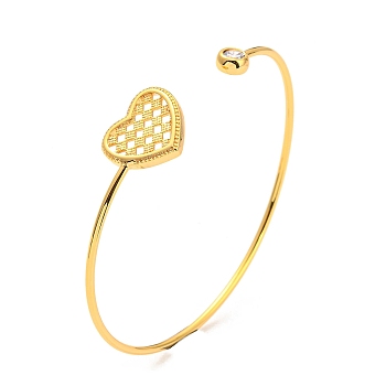 Clear Cubic Zirconia Cuff Bangles, Real 18K Gold Plated Brass Wristband, Heart, Inner Diameter: 2-1/4 inch(5.8cm)