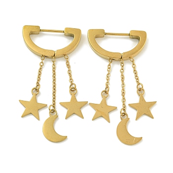 Ion Plating(IP) 304 Stainless Steel Hoop Earrings, Polished, Star & Moon, Golden, 45.5x3mm