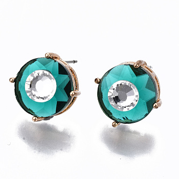 Brass Stud Earrings, with Glass and Steel Pins, Flat Round, Light Gold, Light Sea Green, 14mm, Pin: 0.6mm