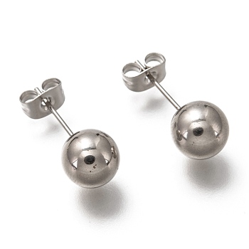 304 Stainless Steel Ball Stud Earrings, with 316 Stainless Steel Pin & Earring Backs, Round, Stainless Steel Color, 19.5x8mm, Pin: 0.7mm
