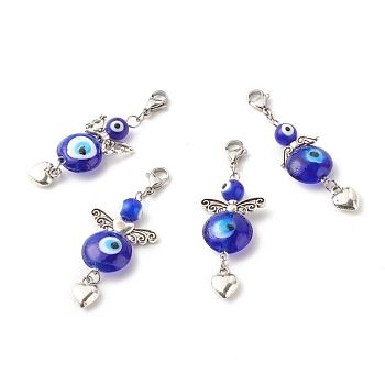Wings & Heart Tibetan Style Alloy Pendant Decorates, with Evil Eye Lampwork Beads & 304 Stainless Steel Lobster Claw Clasps, Medium Blue, 57mm
