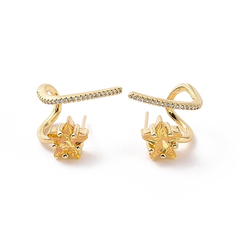 Light Khaki Cubic Zirconia Meteor Stud Earrings, Brass Jewelry for Women, Cadmium Free & Nickel Free & Lead Free, Real 18K Gold Plated, 17.5x15x12.5mm, Pin: 0.8mm