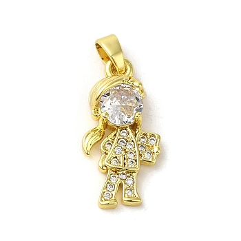 Rack Plating Brass Micro Pave CLear Cubic Zirconia Pendants, Real 18K Gold Plated, Long-Lasting Plated, Cadmium Free & Lead Free, Human, 21x10x4mm, Hole: 5x2.5mm