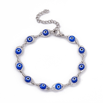 304 Stainless Steel Horse Eye Link Chain Bracelet with Resin Evil Eye Beaded for Women, Blue, 6-7/8 inch(17.5cm)