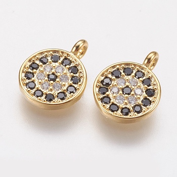 Brass Micro Pave Cubic Zirconia Charms, Flat Round, Black, Golden, 8x1.5mm, Hole: 1.5mm