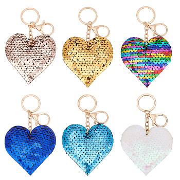 WADORN 6Pcs 6 Colors Valentine's Day Sequin Heart Pendant Keychain, for Handbag Backpack Car Key Decoration, Mixed Color, 13cm, 1pc/color