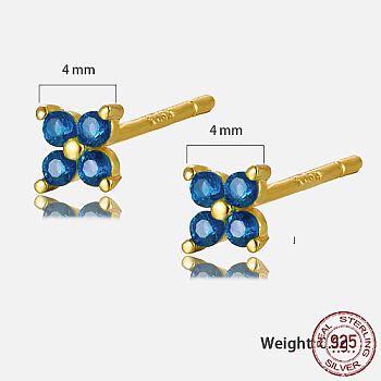 Golden Sterling Silver Flower Stud Earrings, with Cubic Zirconia, with S925 Stamp, Royal Blue, 4x4mm