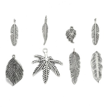 Tibetan Style Alloy Pendants, Assorted Leaf, Antique Silver, 12.5~78x6~51x1~5.5mm, Hole: 1.5~6x3.5mm