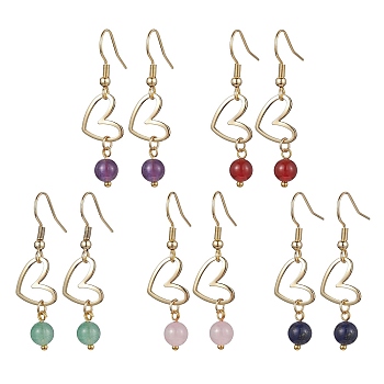 Natural Mixed Gemstone Dangle Earrings, Golden Brass Heart Drop Earrings, 41x11mm