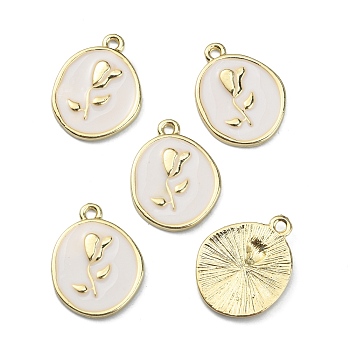 Zinc Alloy Enamel Pendants, Oval with Rose Pattern Charms, Light Gold, 22x17x2mm, Hole: 1.8mm