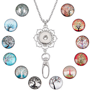 DIY Necklaces Making Kit, Including Platinum Plated Brass Jewelry Snap Buttons, Alloy Snap Pendant Making, with Swivel Clasps, 304 Stainless Steel Cable Chains Necklaces, Tree of Life Pattern, Button: 18.5x9mm, 12Pcs/set, 1 Set