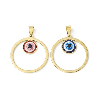 Vacuum Plating 304 Stainless Steel Resin Pendants, Golden, Ring Charms with Evil Eye, Mixed Color, 37x33.5x4mm, Hole: 9x4.5mm