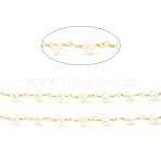 3.28 Feet Brass Handmade Beaded Chain, with Natural Freshwater Pearl, Long-Lasting Plated, Unwelded, Round, Real 18K Gold Plated, Link: 15x6~7x6~7mm(X-CHC-I031-05B)