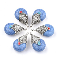 Tibetan Style Resin Pendants, with Alloy & Enamel, teardrop, Antique Silver, Cornflower Blue, 28x16x14mm, Hole: 2~3.5mm(RESI-T022-16E)