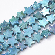 Freshwater Shell Beads Strands, AB Color Plated, Dyed, Star, Dark Turquoise, 8~9x9x2~3mm, Hole: 0.8mm, about 55~59pcs/Strand, 15.89 inch(40.36cm) (SHEL-N026-08F)