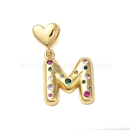 Rack Plating Brass Micro Pave Clear Cubic Zirconia Perdants, Cadmium Free & Lead Free, Long-Lasting Plated, Real 18K Gold Plated, Letter M, 37mm, Pendant: 26x24x4mm, Hole: 6x3mm(KK-C067-12G-M)