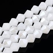 Imitation Jade Electroplate Glass Beads Strands, Pearl Luster Plated, Faceted, Bicone, Snow, 6x6mm, Hole: 1.2mm, about 45~47pcs/strand, 9.65~9.84 inch(24.5~25cm)(EGLA-A039-J6mm-A06)