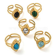 304 Stainless Steel Open Cuff Rings, Synthetic Malachite & Turquoise Oval Finger Rings for Women Men, Real 18K Gold Plated, Adjustable(STAS-Z060-02G)