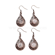Natural Rose Quartz Teardrop Dangle Earrings, Red Copper Plated Hollow Brass Earrings for Women, 46.5x19.5mm(EJEW-B055-02R-19)