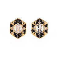 Brass Micro Pave Clear Cubic Zirconia Stud Earrings, with Enamel and Ear Nuts, Hexagon, Cadmium Free & Nickel Free & Lead Free, Real 16K Gold Plated, Black, 15x12mm, Pin: 0.8mm(EJEW-S210-016B-NR)