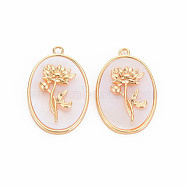 Brass Birth Floral Pendants, Oval with Flower Mother of Pearl White Shell Charms, Nickel Free, Real 18K Gold Plated, January Carnation, 27x18x4mm, Hole: 1.8mm(KK-S364-287)
