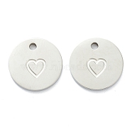 304 Stainless Steel Charms, Flat Round with Heart, Stainless Steel Color, 11.5x1mm, Hole: 1.5mm(STAS-P280-07P)