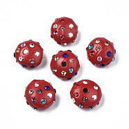 Polymer Clay Rhinestone Beads, Pave Disco Ball Beads, Flat Round, Red, 11~12x7mm, Hole: 1.4mm, Rhinestone: pp15(2.1~2.2mm)(RB-S056-27C)