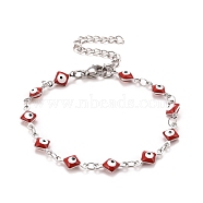 Enamel Rhombus with Evil Eye Link Chains Bracelet, 304 Stainless Steel Jewelry for Women, Stainless Steel Color, Red, 6-5/8 inch(16.8cm)(BJEW-P271-03P-01)